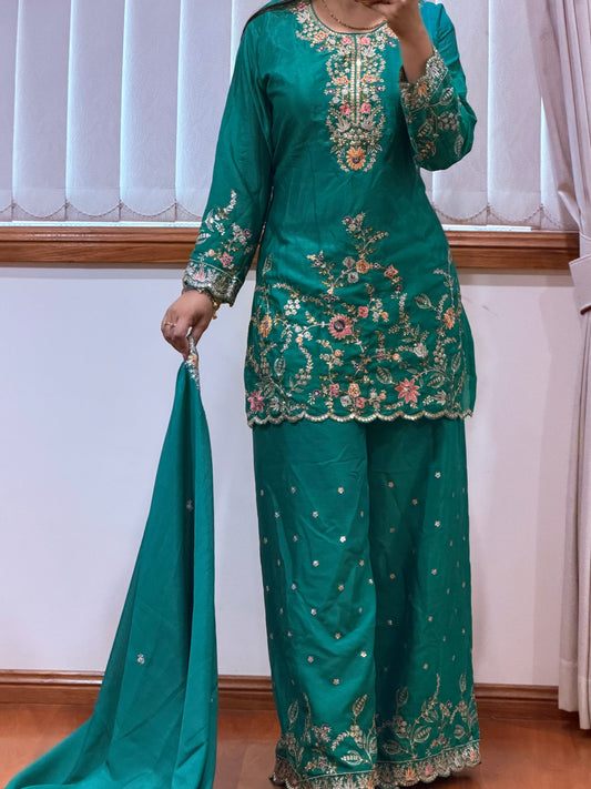 Premium Blooming Chinon Embroidered Plazo Suit Set