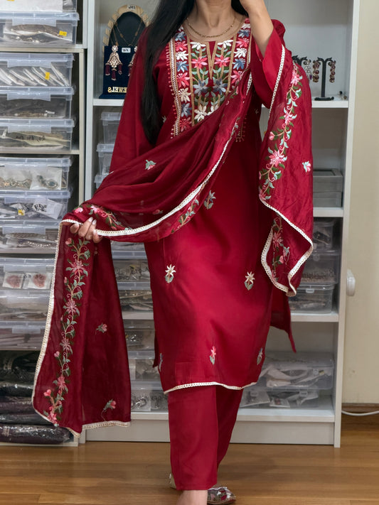 Maroon Roman Silk Embroidered Suit