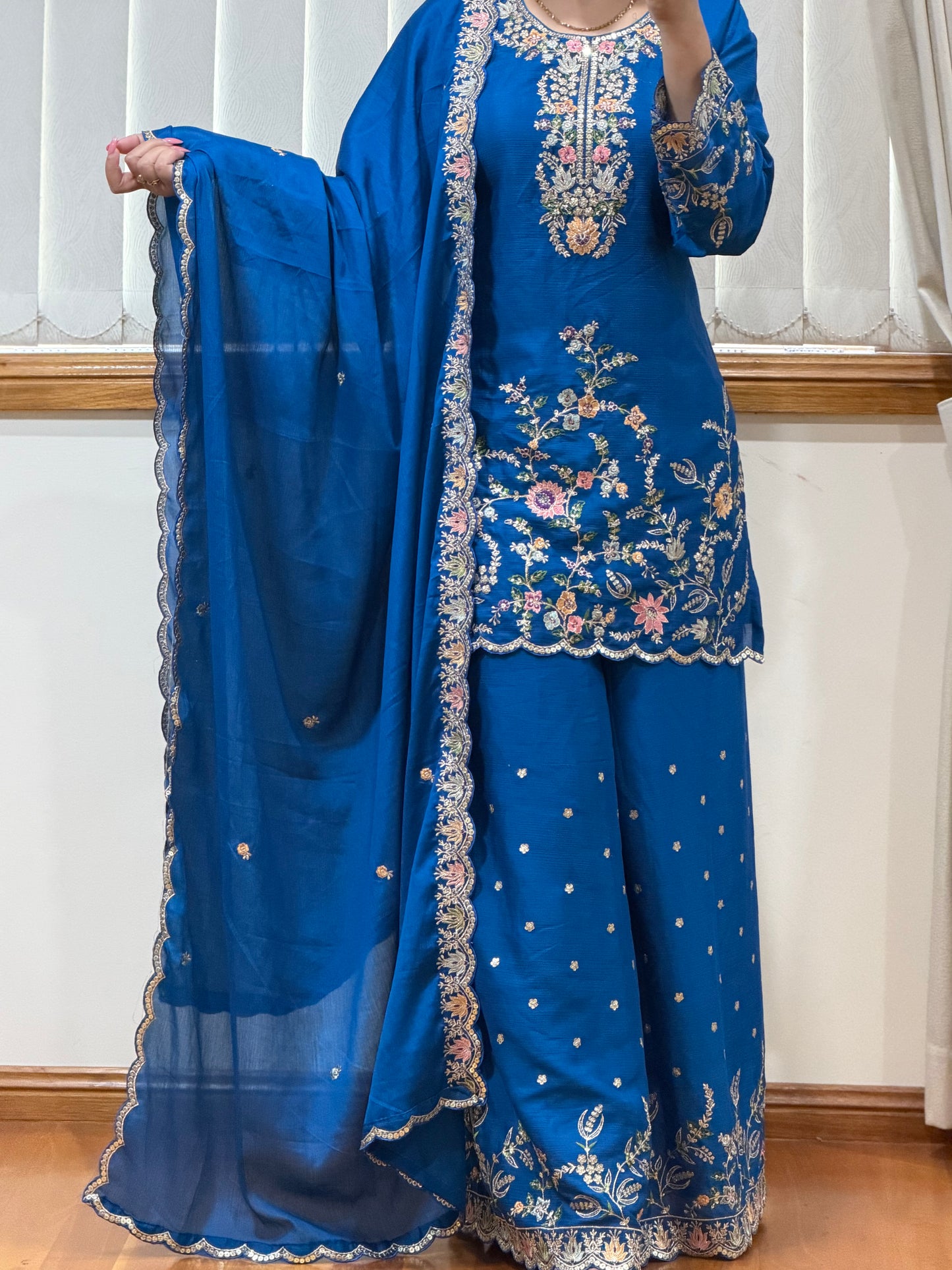 Premium Blooming Chinon Embroidered Plazo Suit Set