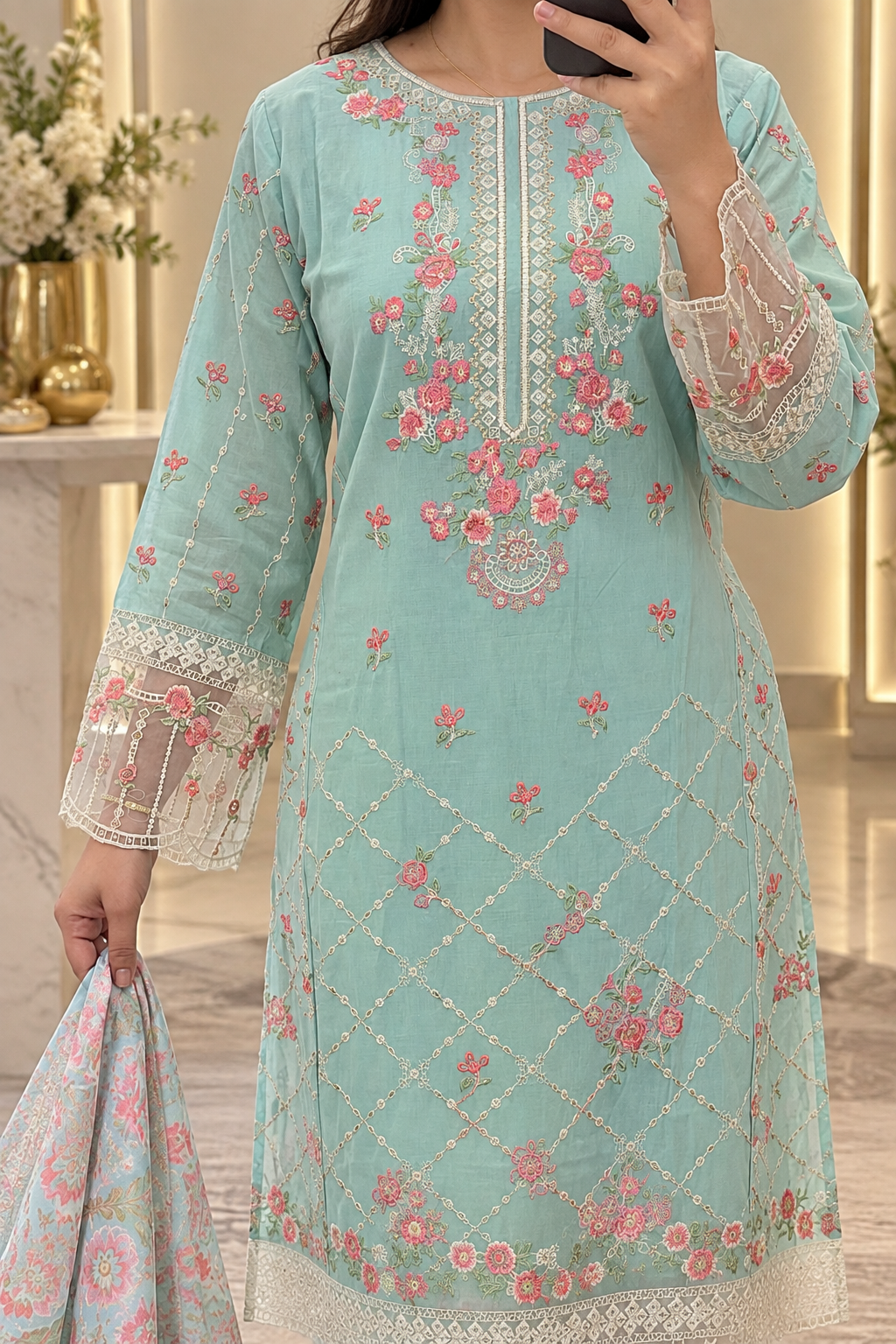 Pastel Mint Embroidered Cotton Suit