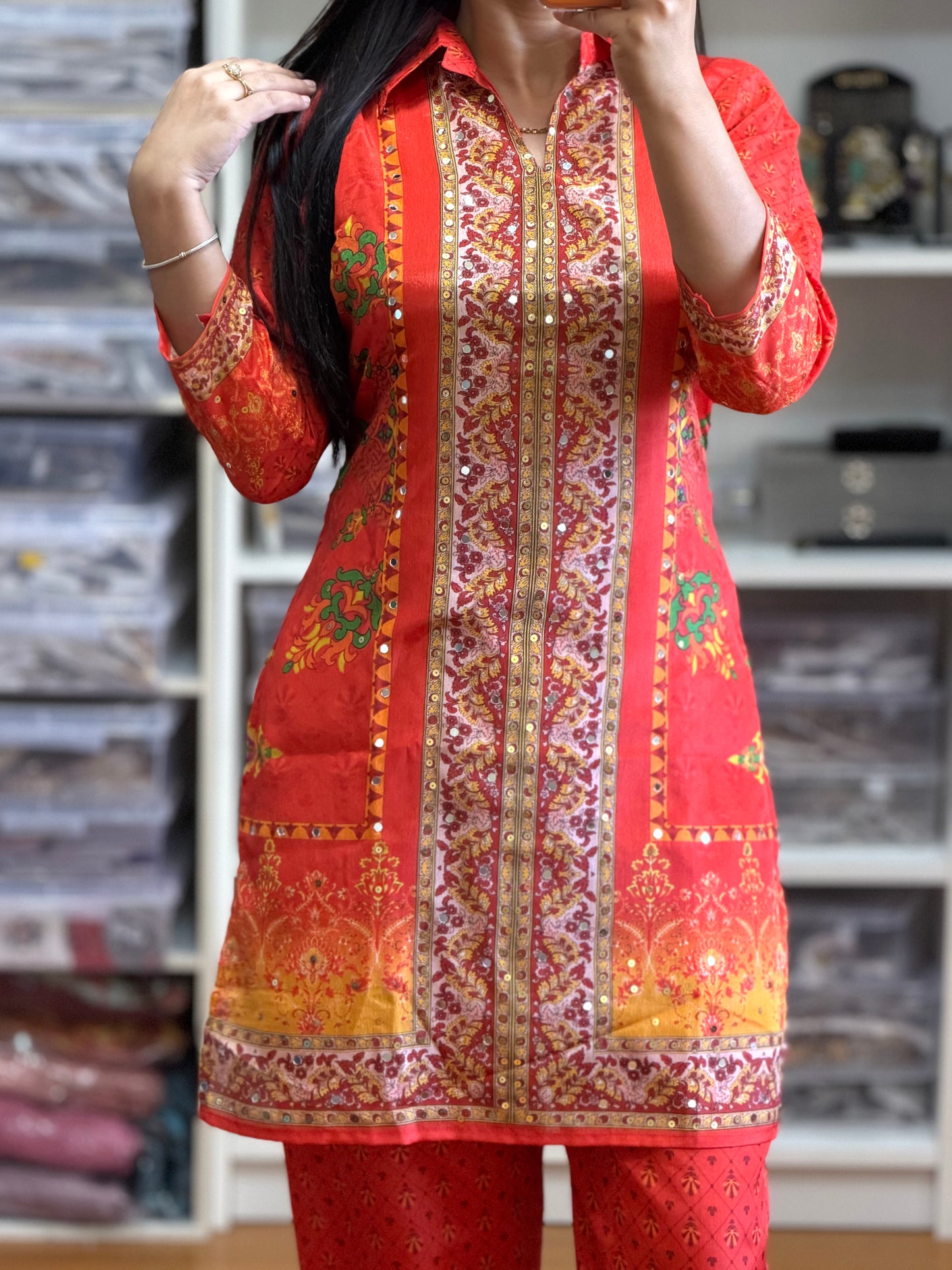 Premium Chinon Mirror Work Cord Set with Digital Print Bottom