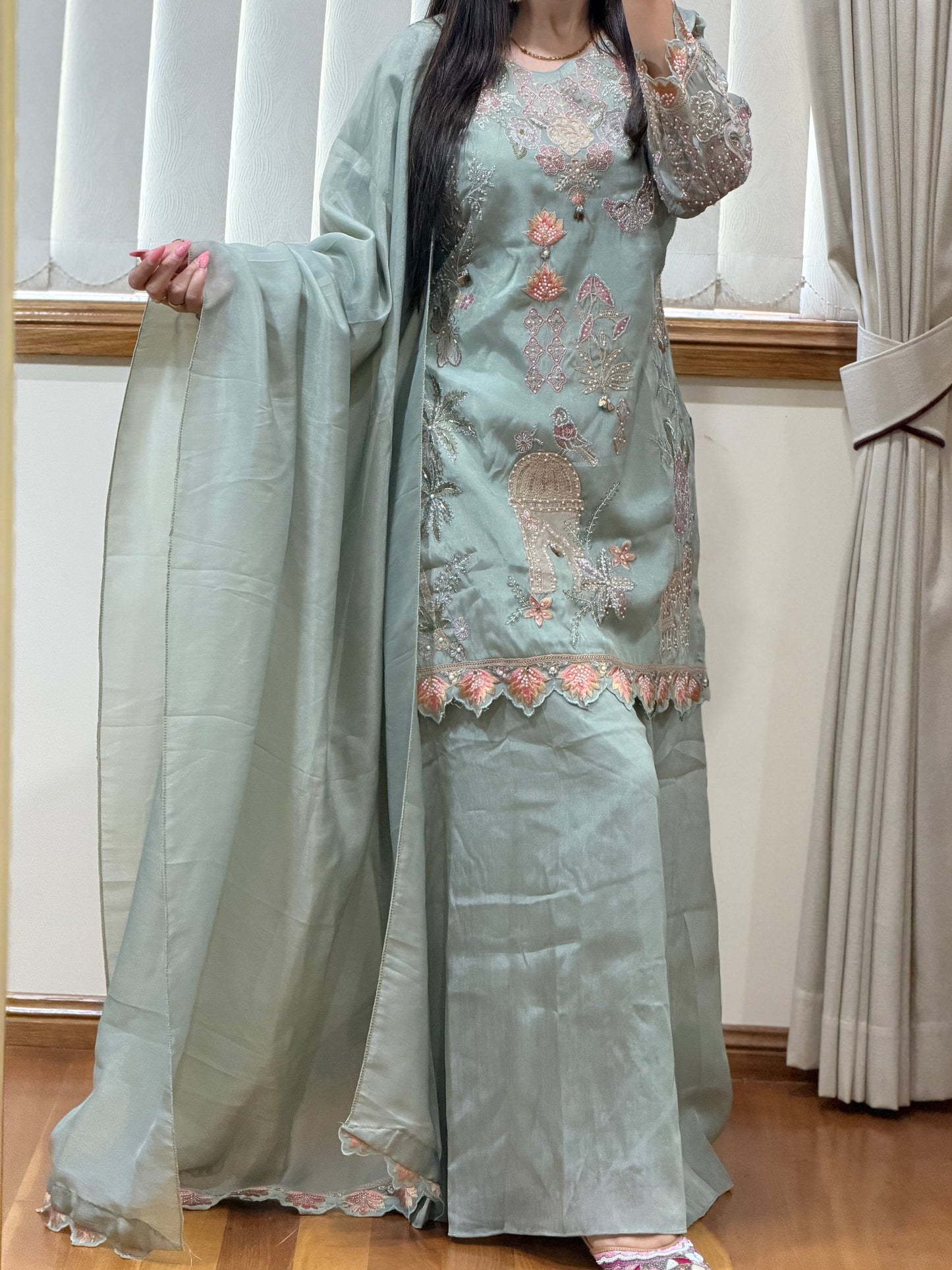 Premium Shimmer Silk Embroidered Suit Set with Sharara( Ready size 42 with margin upto 44)
