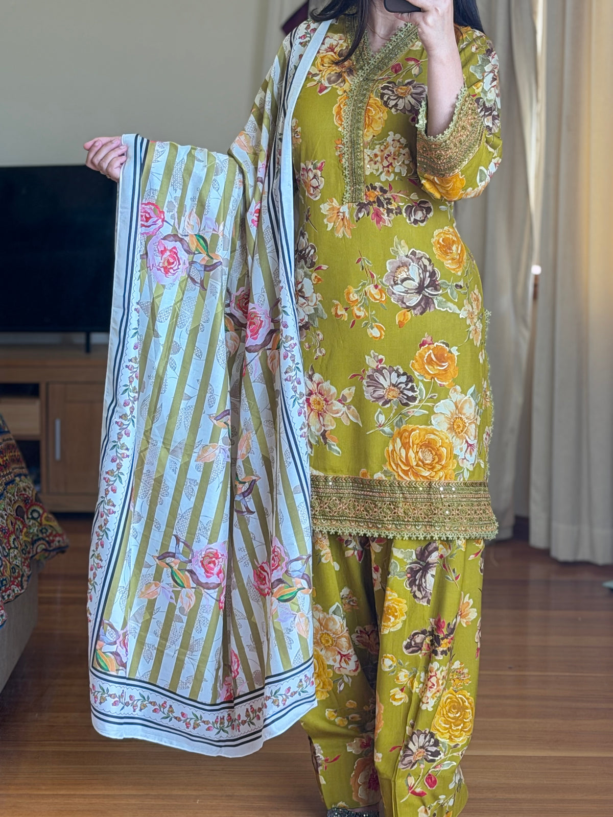 Mehndi Green Printed Rayon Suit with Farshi Salwar & Dupatta