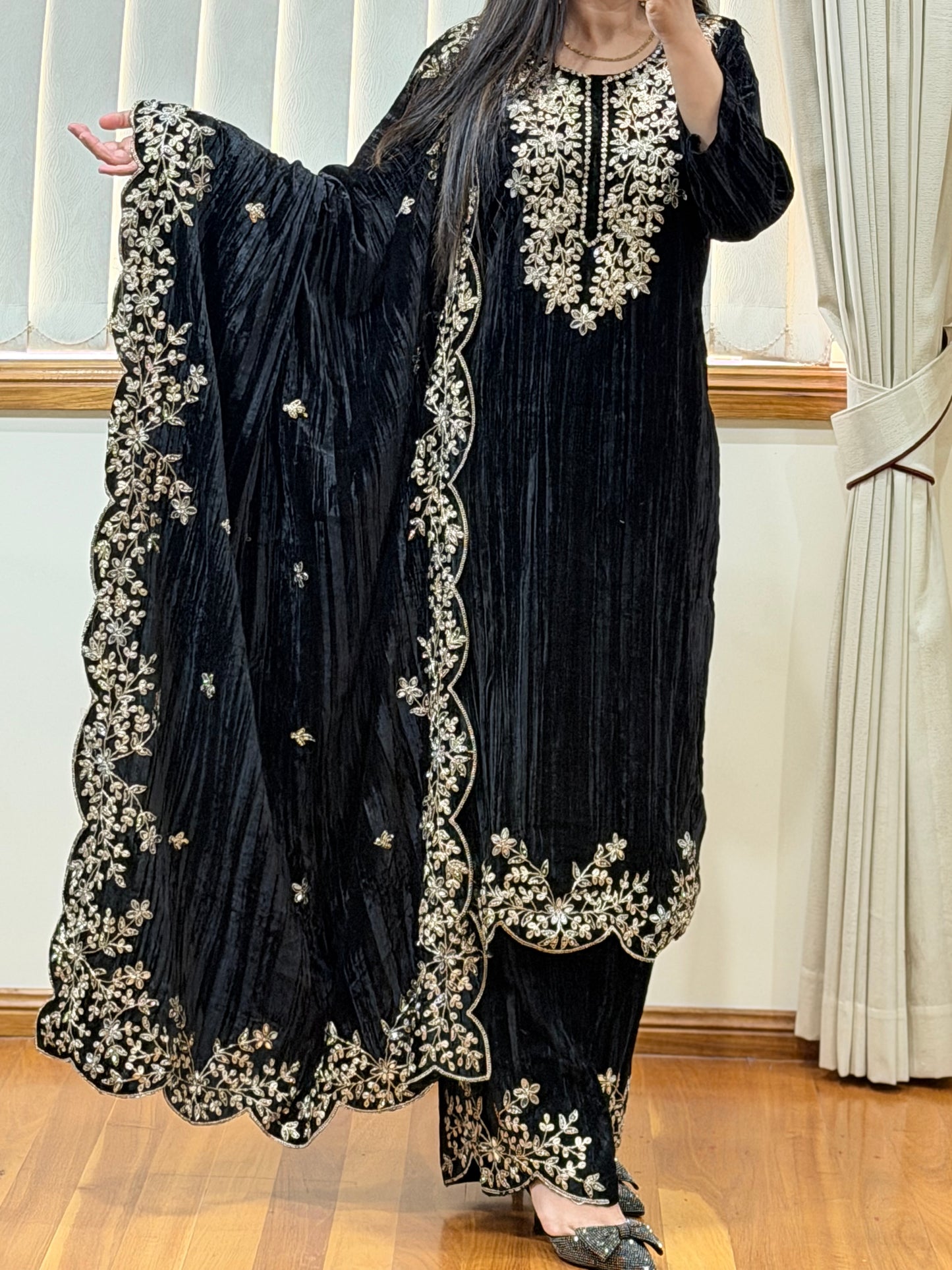 Wrinkled Velvet Suit(Black)