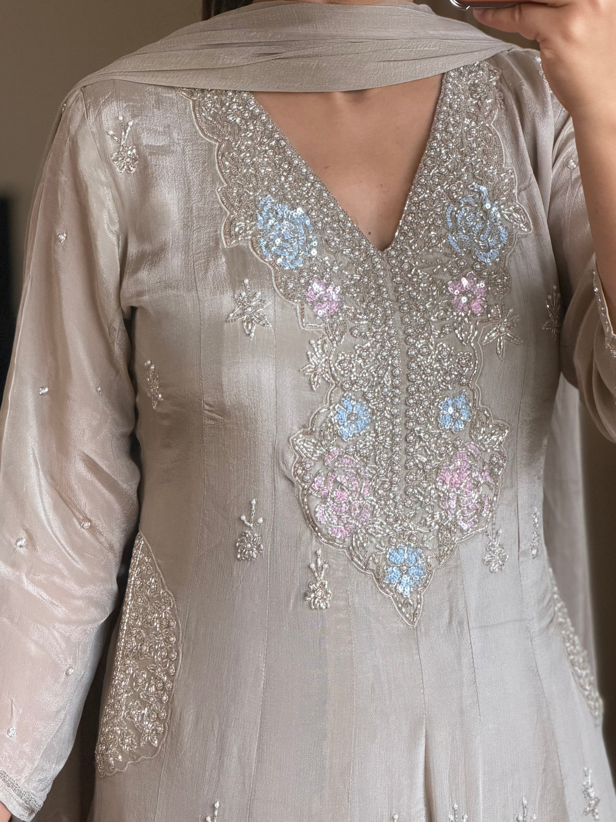 Premium Sage Grey Embroidered Frock Suit with Chiffon Dupatta