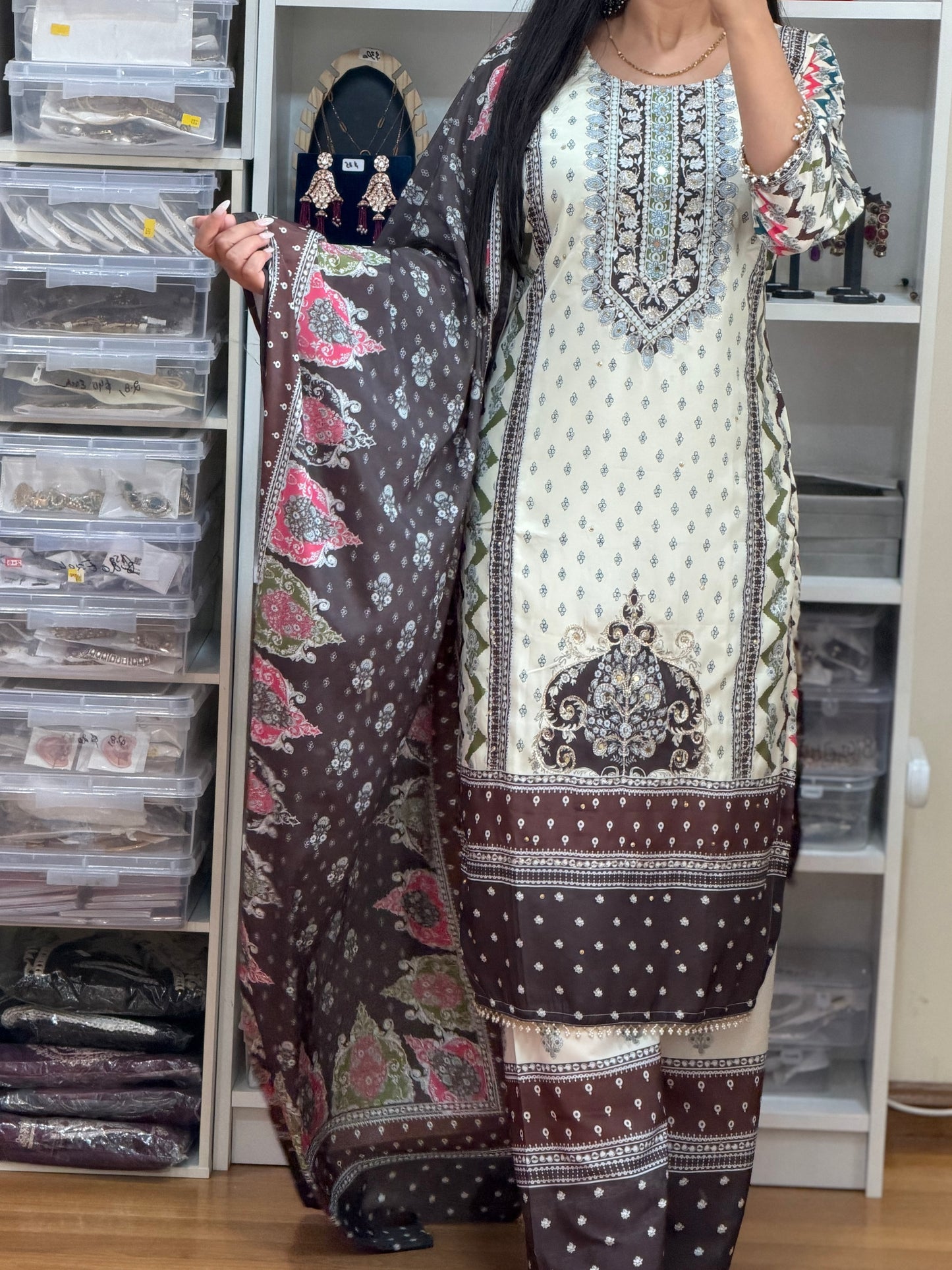 Cream / Off-White  Printed Crepe Silk Suit with Mirror & Tilla