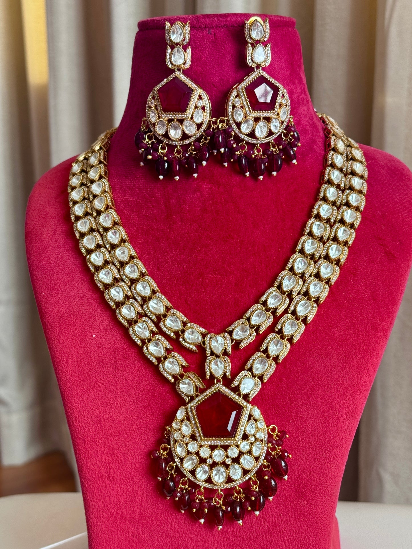 Premium moissanite Tyani inspired medium long necklace set( Mehroon)