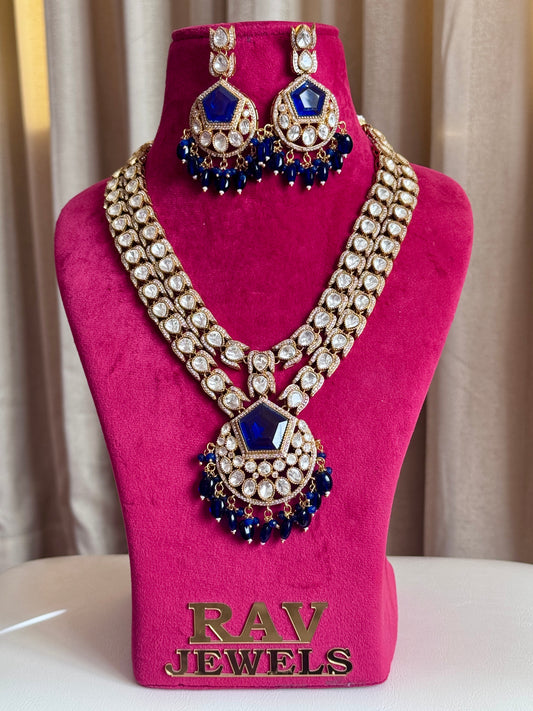 Premium moissanite Tyani inspired medium long necklace set( Blue)