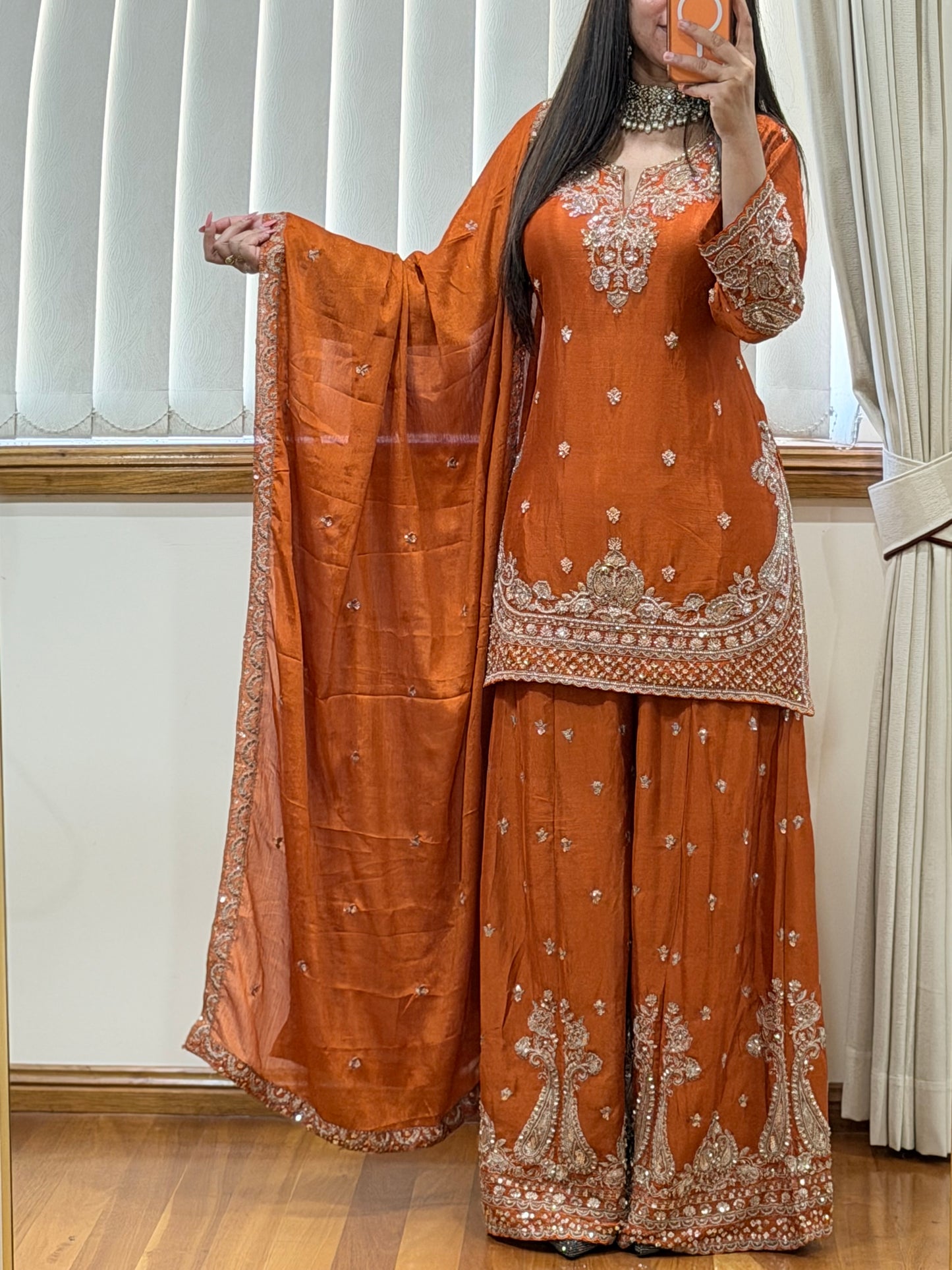 Premium Chinon Silk Sharara Set (Ready size 42 with margin upto 46)
