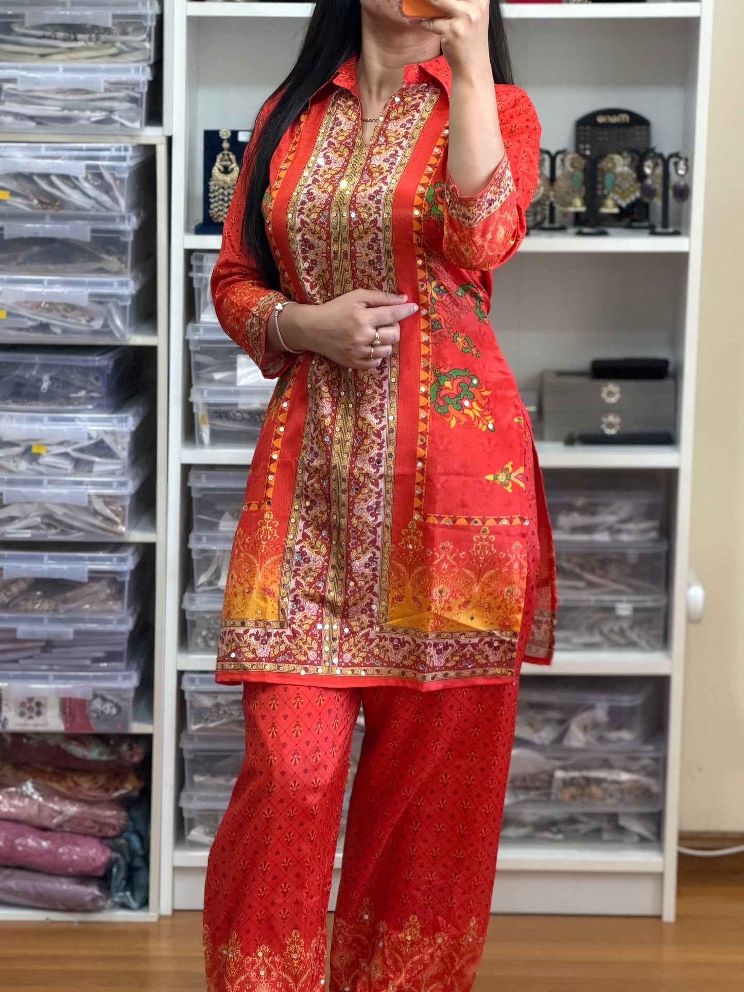 Premium Chinon Mirror Work Cord Set with Digital Print Bottom