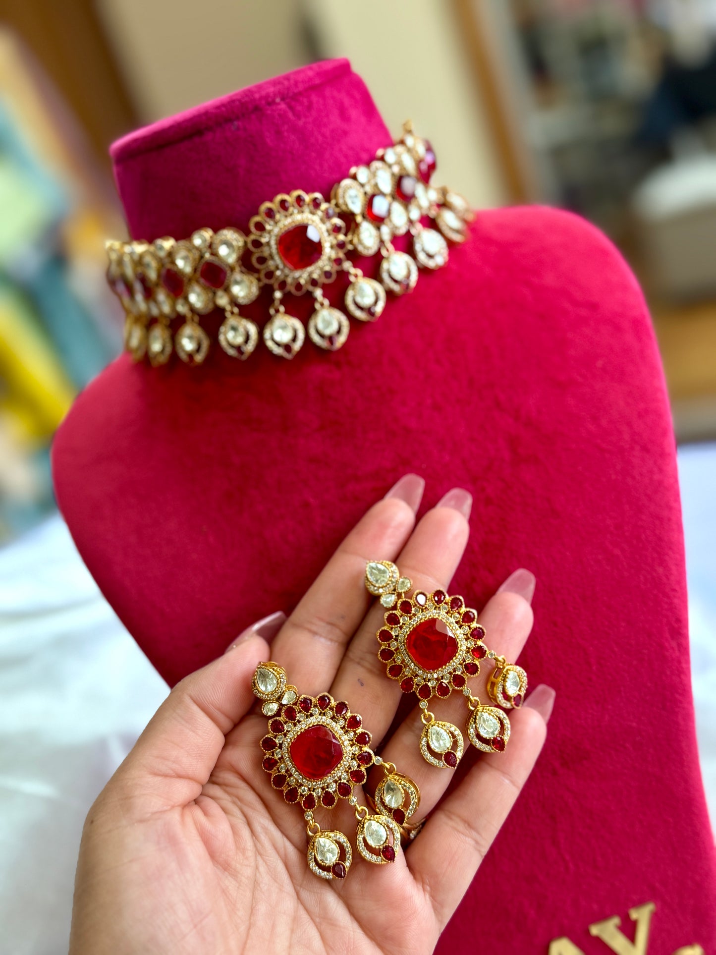 Premium moissanite chokar set (Red)
