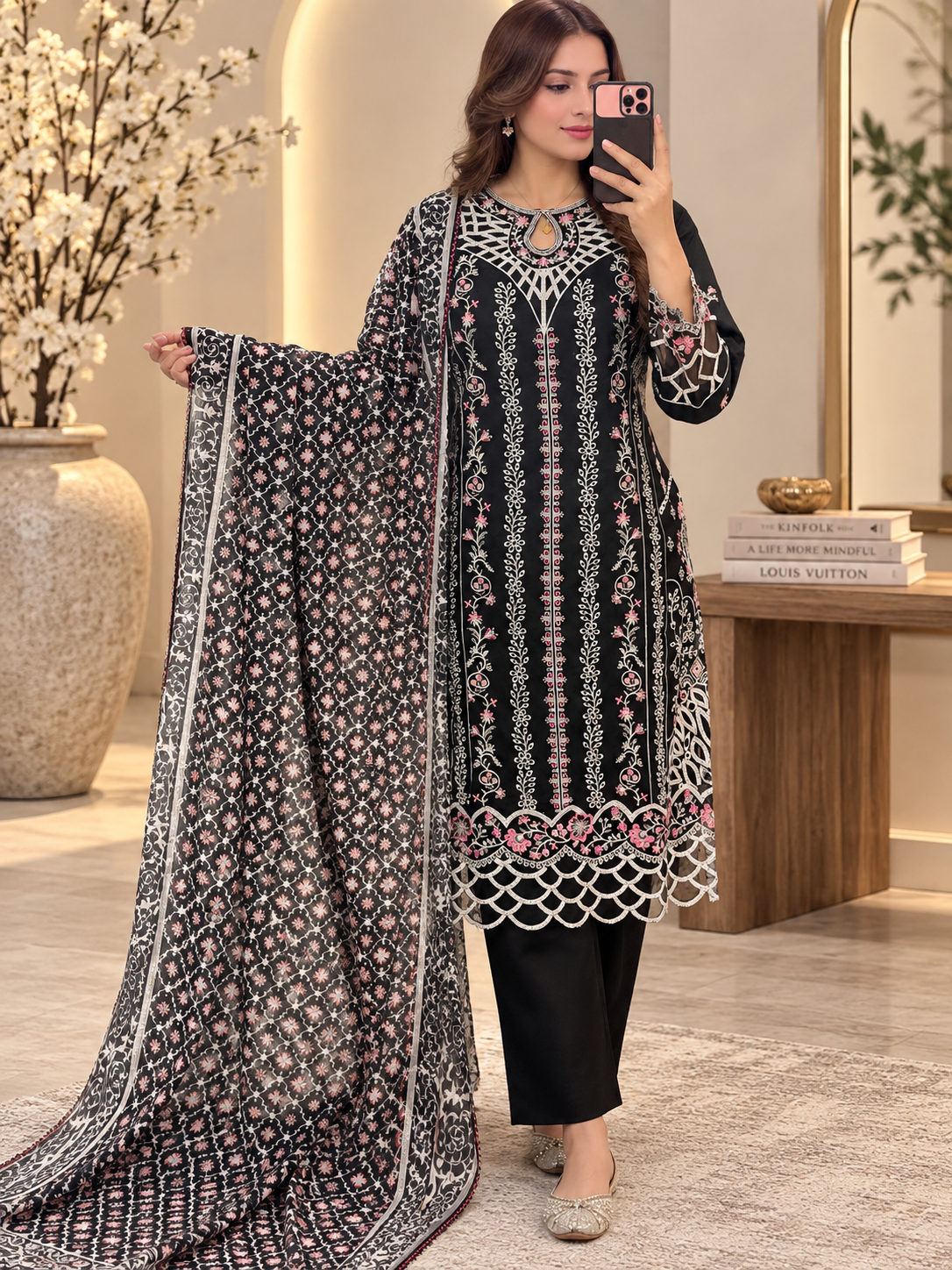 Black Embroidered 3-Piece Suit Set( Ready size 39 inches)