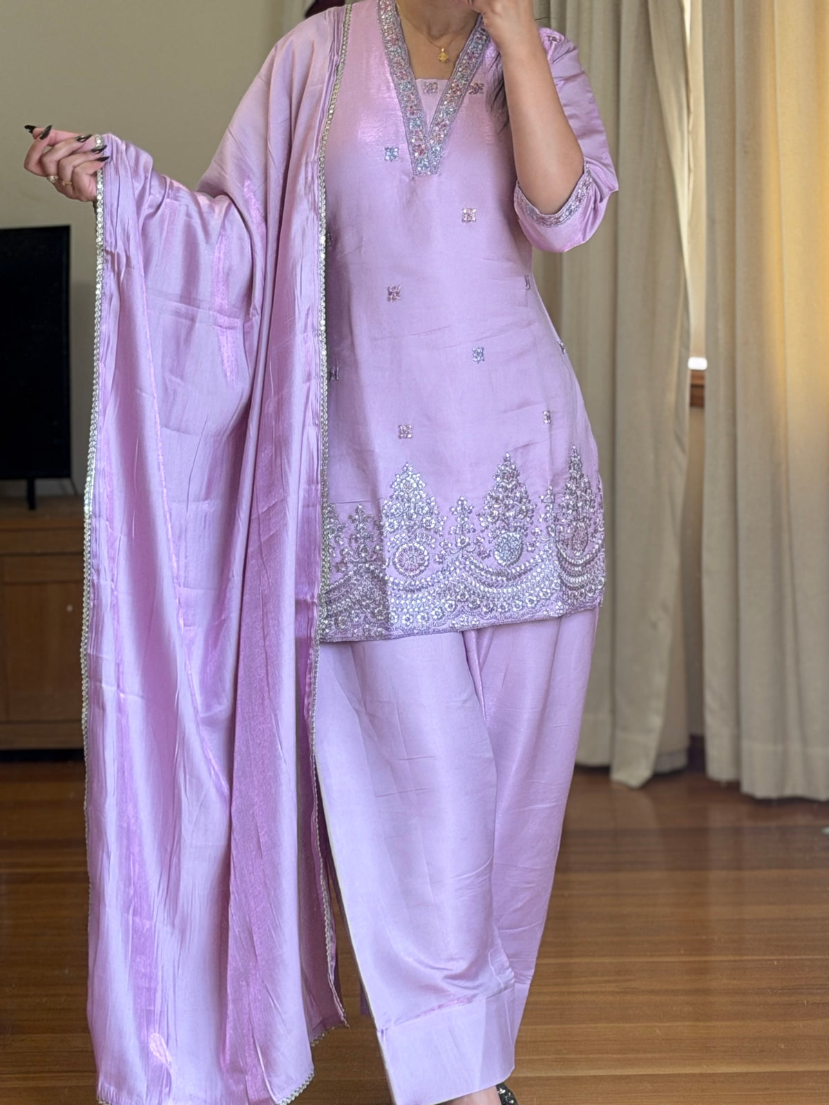 Premium Glass Roman Embroidered Farshi Salwar Suit