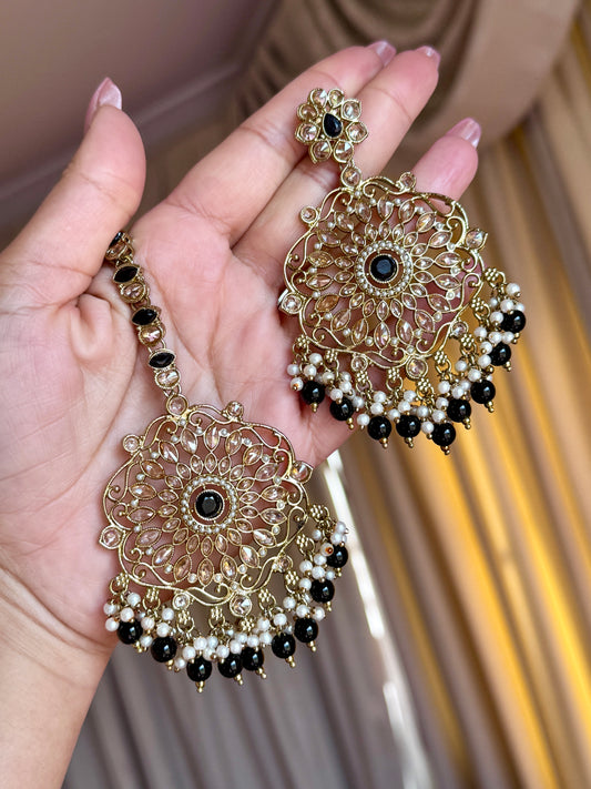 Oversized polki earrings with tikka( Black)