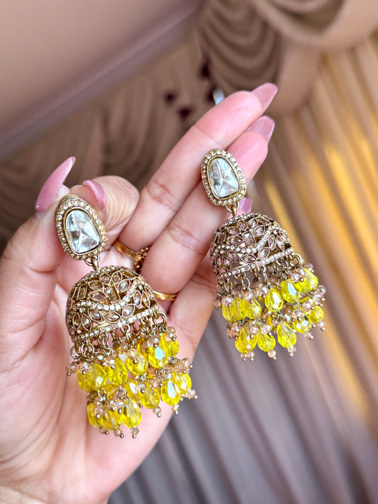 Polki jhumki with Crystal beads(Yellow)