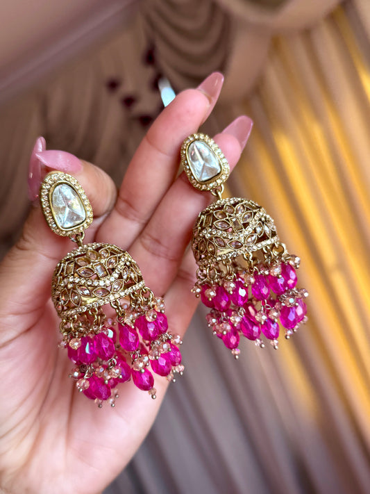 Polki jhumki with Crystal beads(Hot pink)
