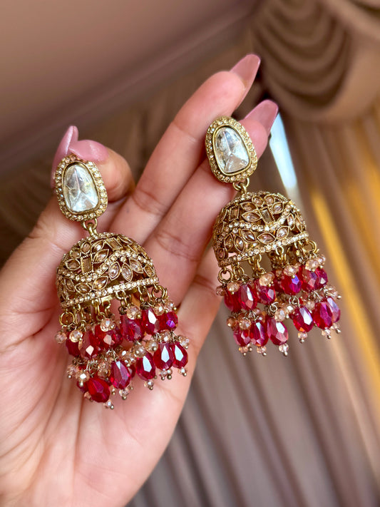 Polki jhumki with Crystal beads(Red)
