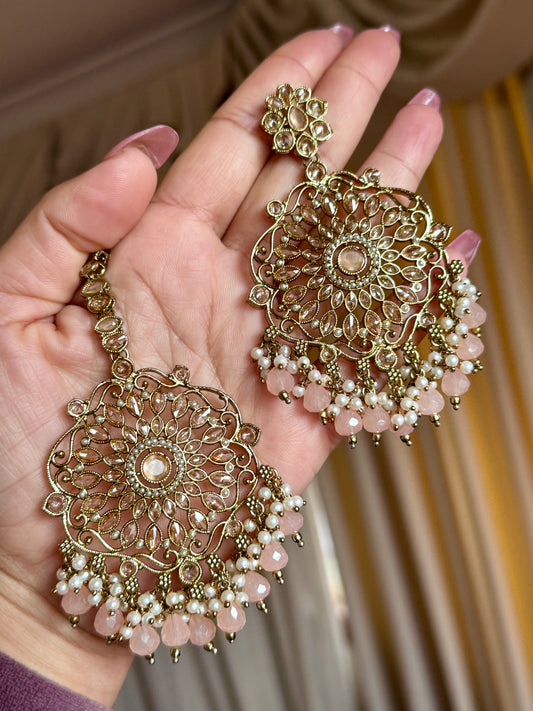 Oversized polki earrings with tikka(Peach colour)