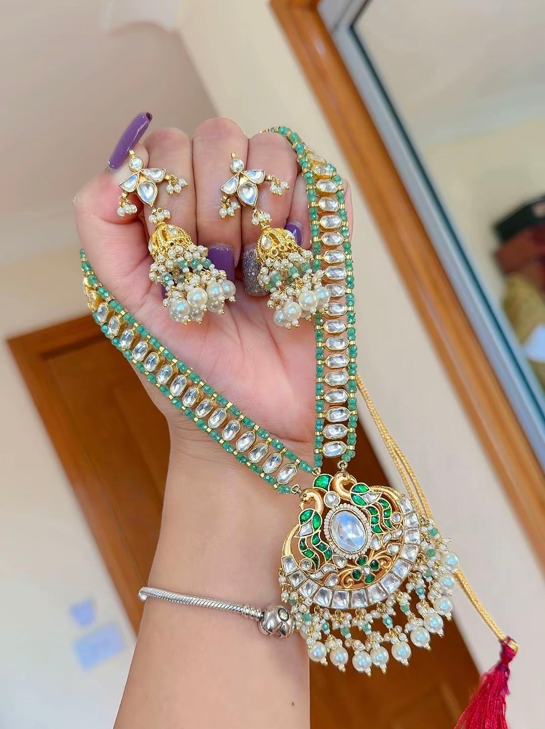 Premium pachi kundan necklace set