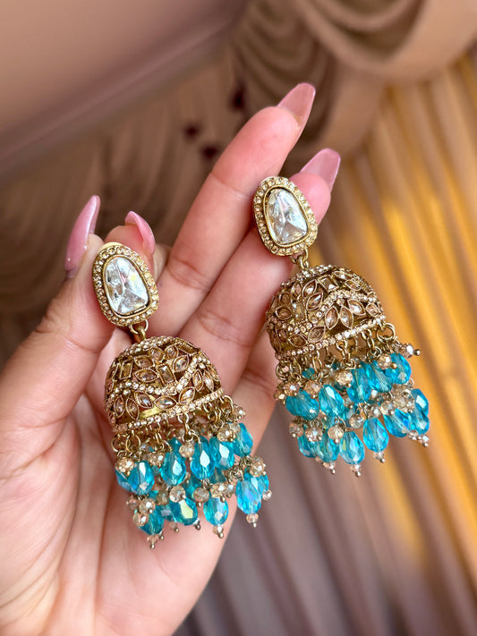 Polki jhumki with Crystal beads(Ferozi)