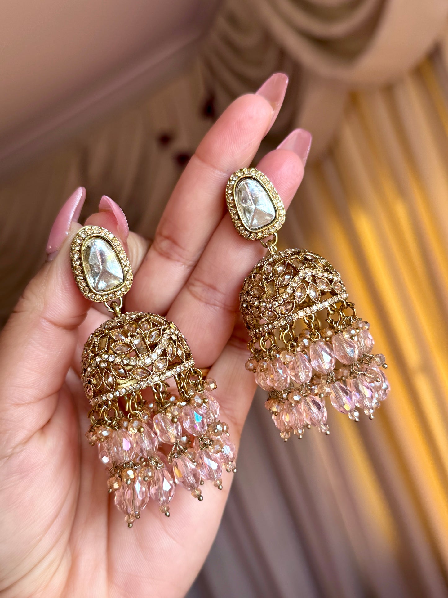 Polki jhumki with Crystal beads(Baby pink)