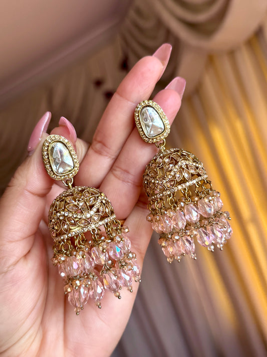 Polki jhumki with Crystal beads(Baby pink)