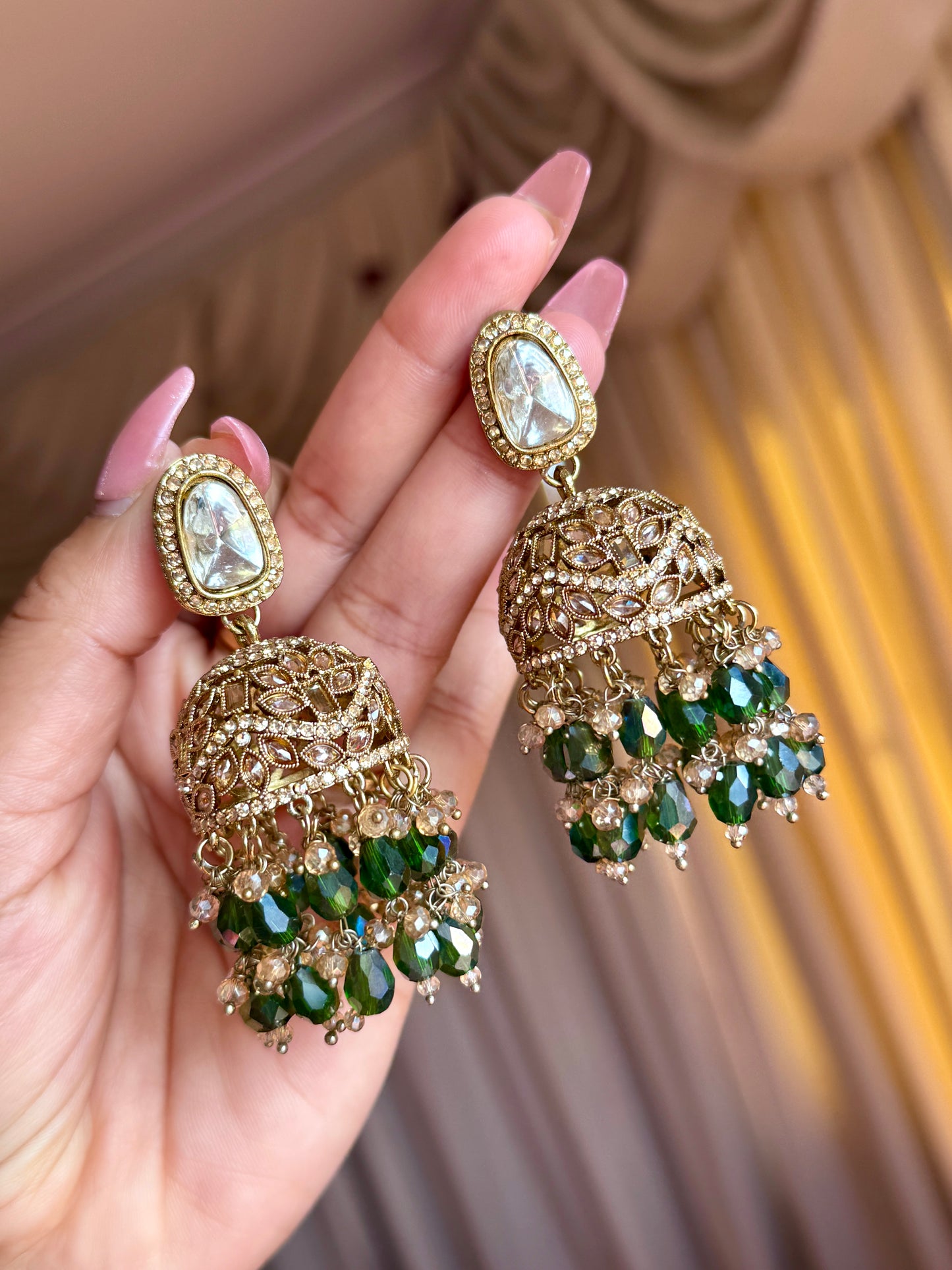 Polki jhumki with Crystal beads( Green)