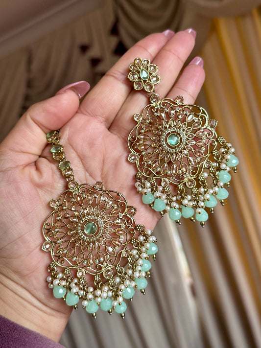 Oversized polki earrings with tikka( Mint)