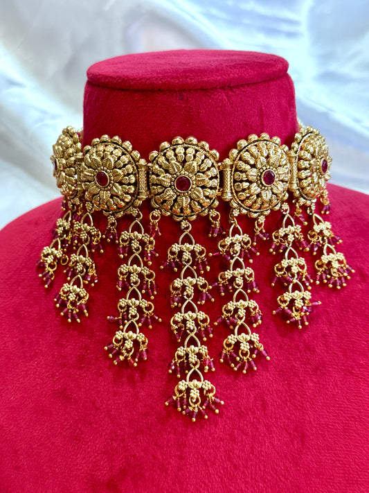 Gold plated necklace set(Ruby colour)