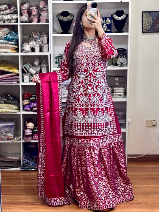 Women's Red Jimmy Choo Fabric Embroidery Lehenga Choli Set