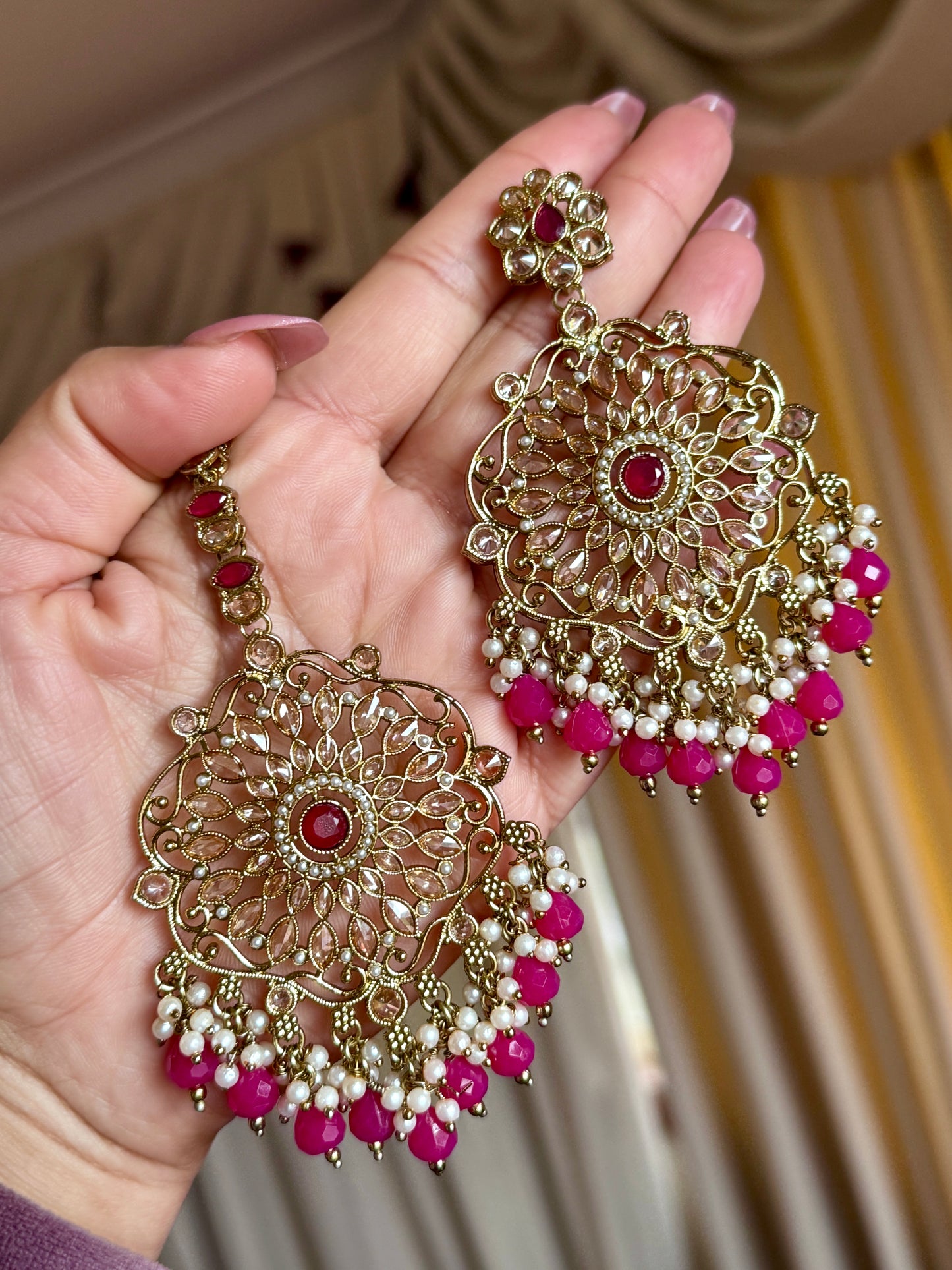 Oversized polki earrings with tikka(Hot pink)