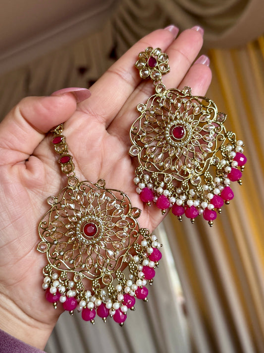 Oversized polki earrings with tikka(Hot pink)