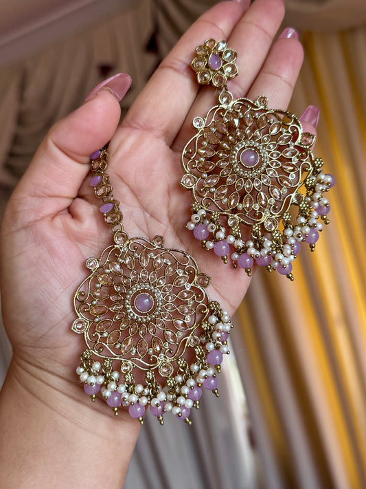 Oversized polki earrings with tikka ( Lavender)