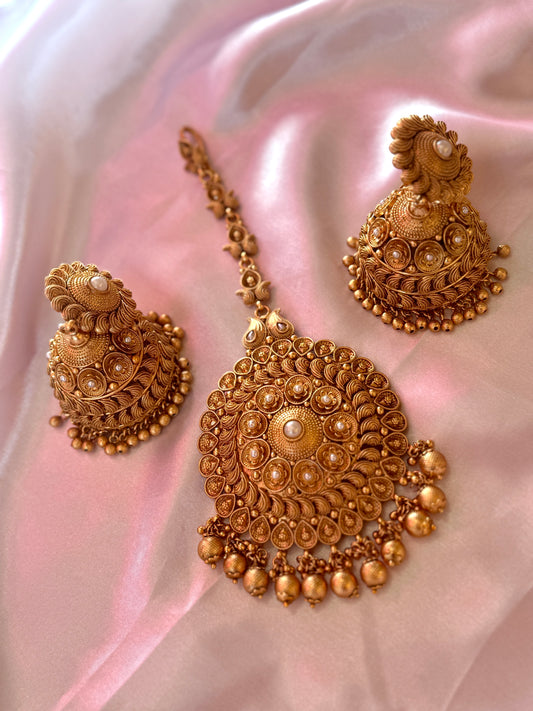 Gold plated jhumki tikka set( without sehare)