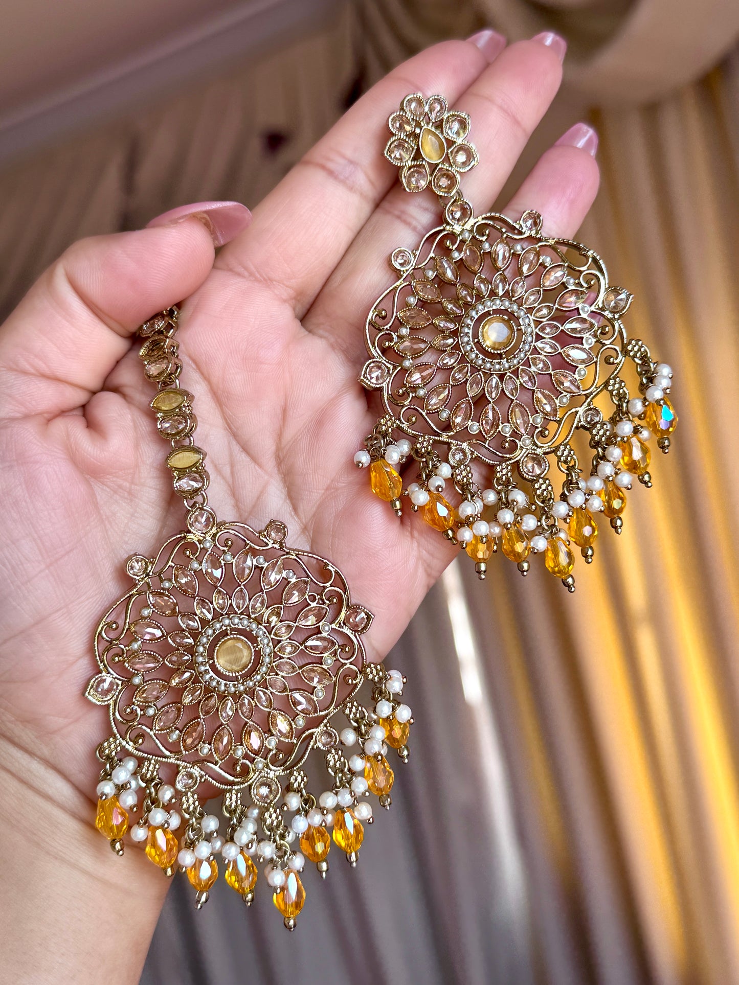 Oversized polki earrings with tikka(Yellow)
