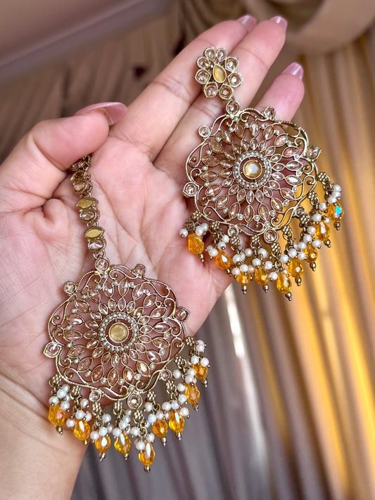Oversized polki earrings with tikka(Yellow)