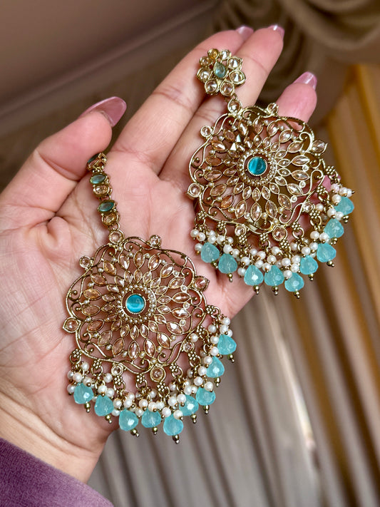Oversized polki earrings with tikka(Baby blue)