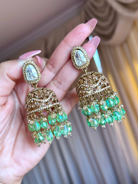 Polki jhumki with Crystal beads(Mint green)