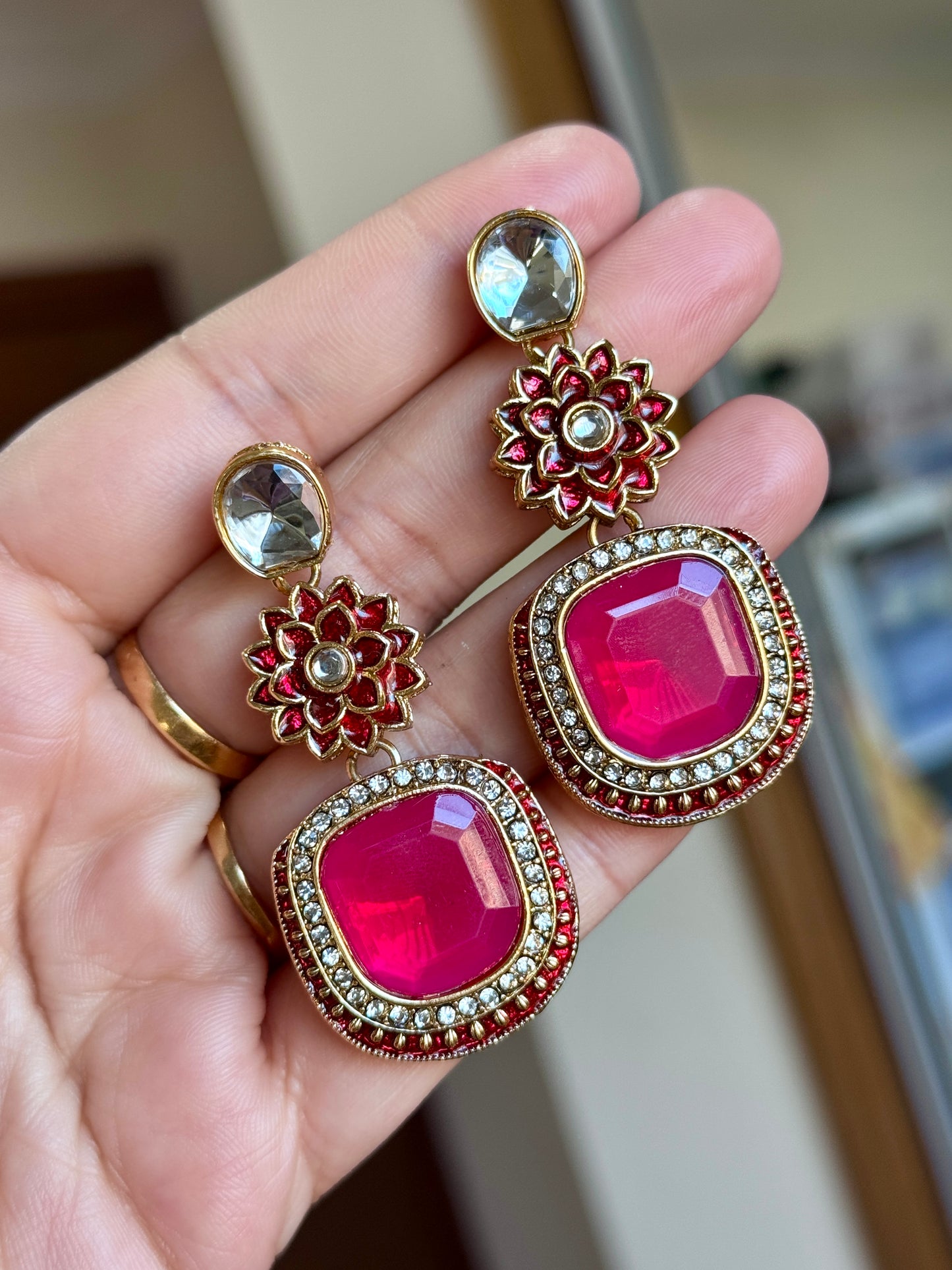 Kundan earrings hot pink