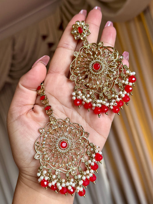Oversized polki earrings with tikka(Red)