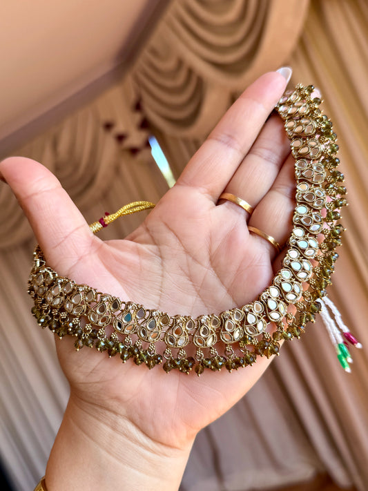 Mirror necklace set mehndi green