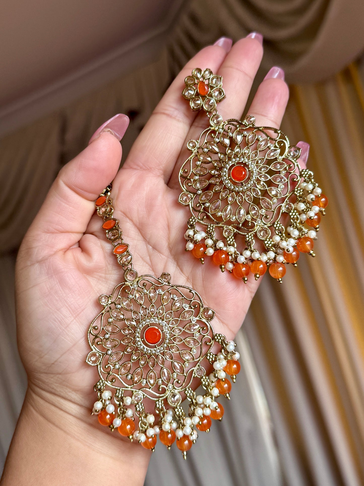 Oversized polki earrings with tikka(Orange)