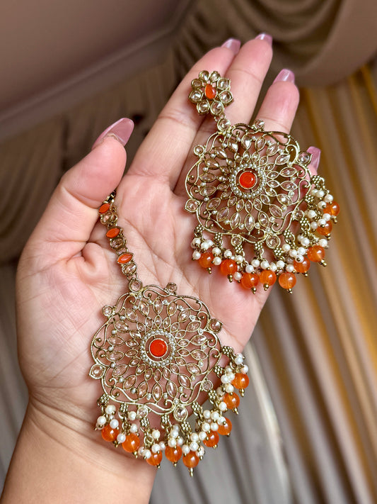 Oversized polki earrings with tikka(Orange)