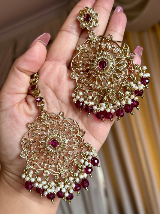Oversized polki earrings with tikka( Purple)