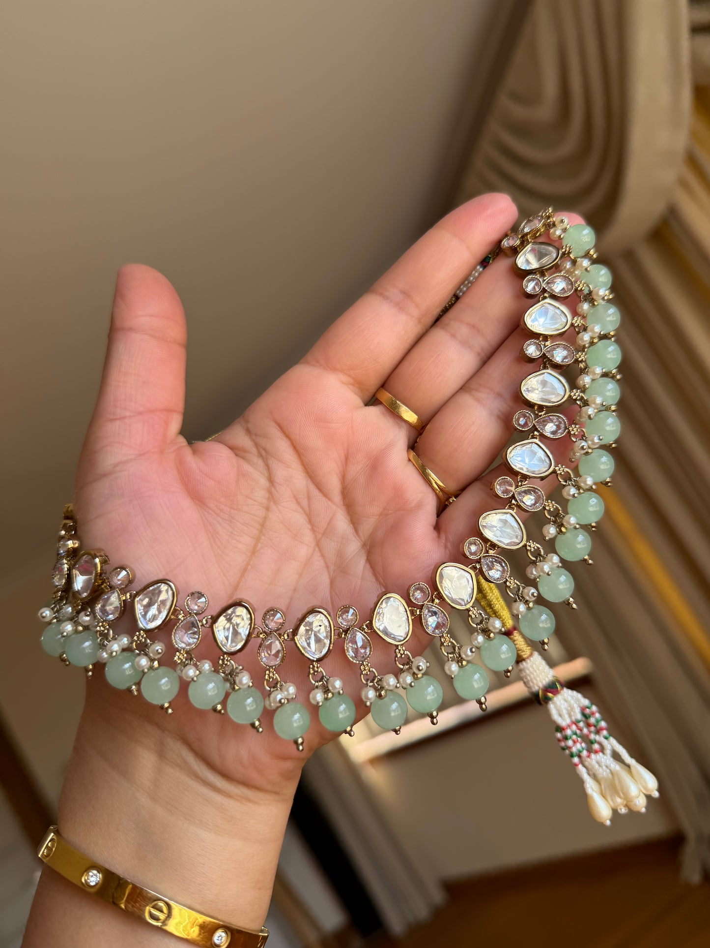 Premium tyani with polki necklace set( Mint)