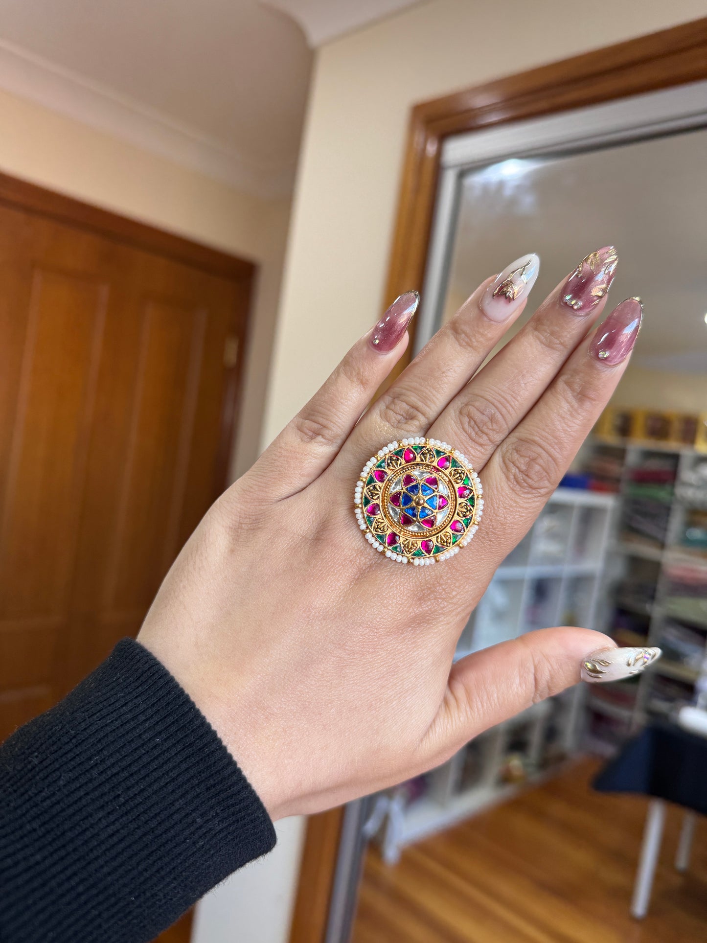 Pachi kundan adjustable ring