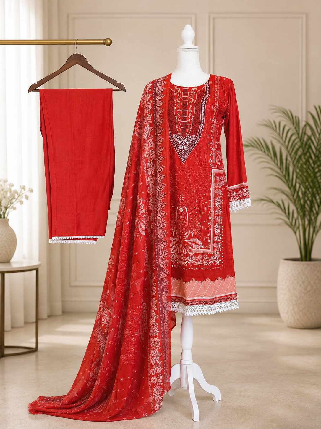 Cotton Printed 3-Piece Suit(Orange colour )